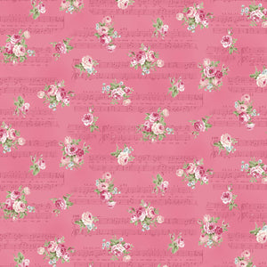 Rose Waltz RuRu Bouquet cotton fabric by Quilt Gate Ru2450-14F Roses and Music on Dark Pink