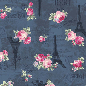 Ruru Rose Bouquet in Paris cotton fabric by Quilt Gate Ru2370-12D Eiffel Tower Roses on Blue