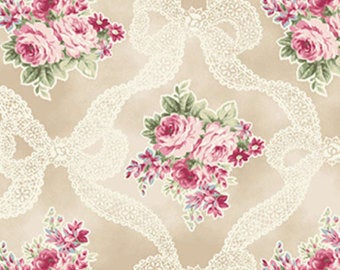 Ruru Roses cotton fabric by Quilt Gate Ru2200-13A Ribbons and Roses on Tan