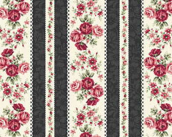 Ruru Rose Bouquet cotton fabric by Quilt Gate Ru2220-14E Stripe Black