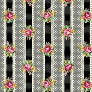 Ruru Tea Party Collection cotton fabric by Quilt Gate Ru2270-15F Black Ribbon Stripe